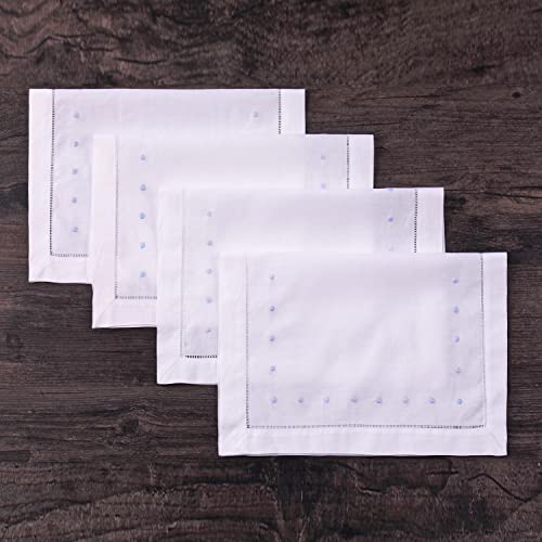 Minghing Linen Placemats, Set Of 4 White Hemstitch Placemats 13 X 19 Inch Handmade Linen Hemstitch Placemats With Embroidered Blue Dot For Dining Table #TOP5