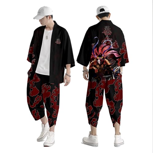 Image of DOSLAVIDA Men's Japanese Kimono Cardigan Suit Chinese Style Printed Jacket Pants Set Open Front Seven Sleeve Top & Shorts