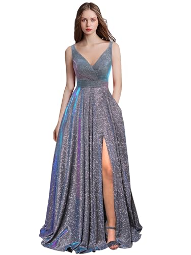 Prom Dresses Long A Line with Pockets V Neck Formal Evening Ball Gowns Side Slit Glitter Party Dress Plus Size 2025