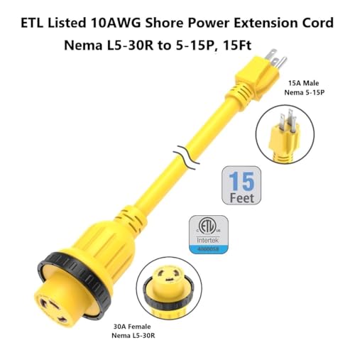 image for ADCAUDX 15FT 30-Amp to 15-Amp 110V Marine & RV Extension Cord, Nema 5-