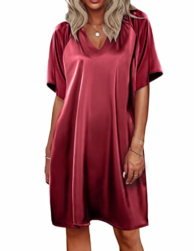 Ekouaer Damen Nachthemd Kurzarm Satin Sleepshirt mit V Ausschnitt rot XXL