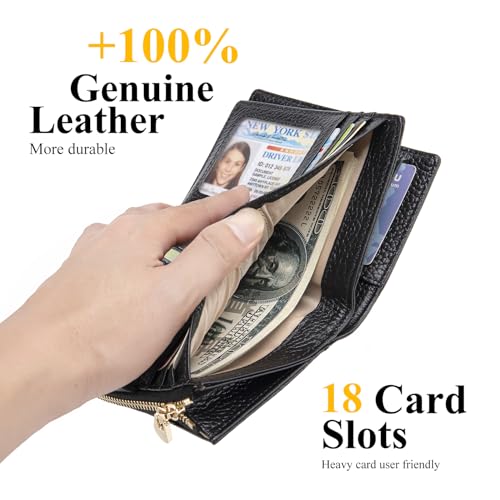 Image of Genuine Leather Wallets for Women RFID Blocking Bifold with Zipper Pocket, 2 ID Windows, 18 Card Slots, Black