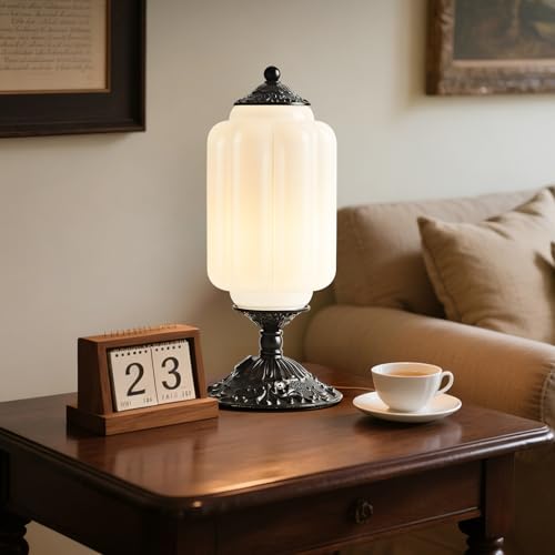 Flashine Milk Glass Table Lamp Touch Control with USB Charging Port Vintage Bedside Desk Lamp Stepless Dimming for Bedroom Living Room Nightstand Led Bulbs Included White