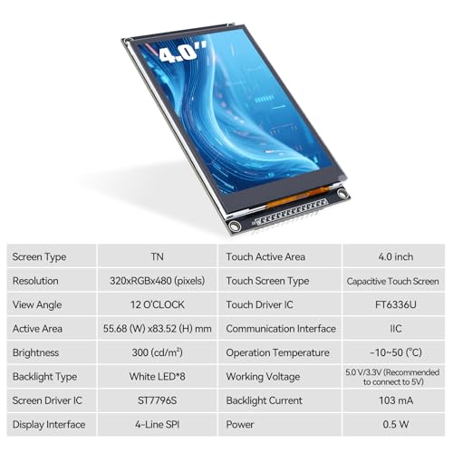 Image of 1PCS LCD Display 4.0 Inch 320x480 TN Capacitive Touch Screen Esp32 Display Module SPI Serial ST7796S Driver for Ar duino R3 /Mega2560 (Black)