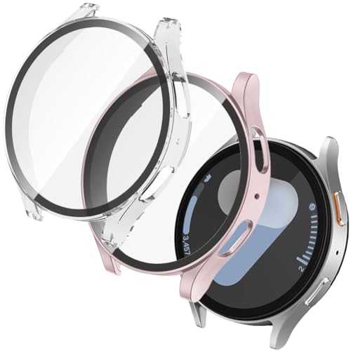 OFFCUP Case with Screen Protector for Samsung Galaxy Watch 7 40mm Overall Protective Cover Built-in Tempered Glass Film High Sensitivity 2 Pack (Pink & Transparent)
