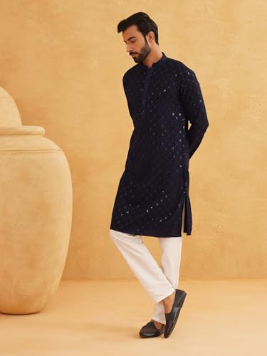 Image of SOJANYA (Since 1958 Men's Cotton Gold Embroidered Sequinned Kurta With white churidar Pyjama