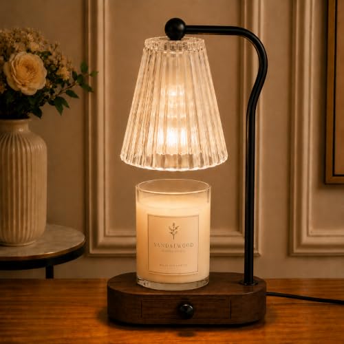 EmanuEllie Candle Warmer Lamp with Timer & Dimmer, Black Painted Wooden Base with Drawer, Black Metal Stand, Extra Bulb Included, Candle Warming Lamp, Electric Candle Wax Warmer