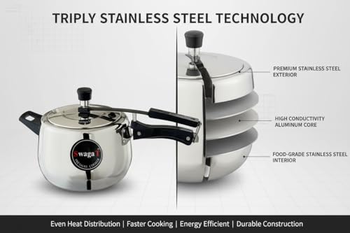 Image of SwagaT Triply Stainless Steel Inner-Lid Pressure Cooker, 5 Litres, ISI Certified, Induction /Gas /Halogen /Ceramic /Electric Compatible