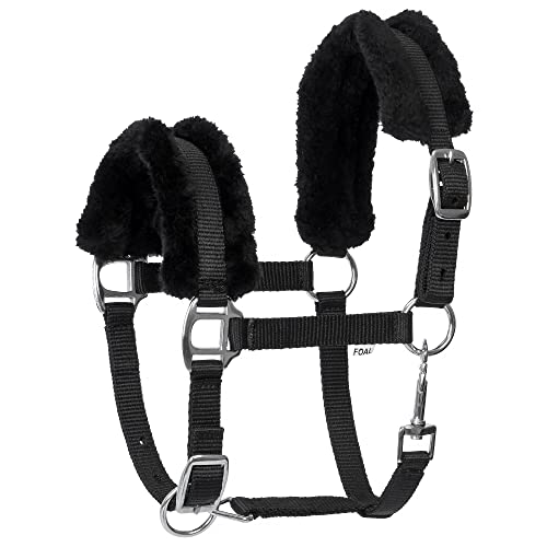 Start FoalMink Fohlenhalfter – Weiches, Verstellbares Ponyhalfter mit Kunstfell – Komfortables und Langlebiges Halfter für Fohlen & Ponys – Ideal für Stall, Weide & Training (Foal, Schwarz)