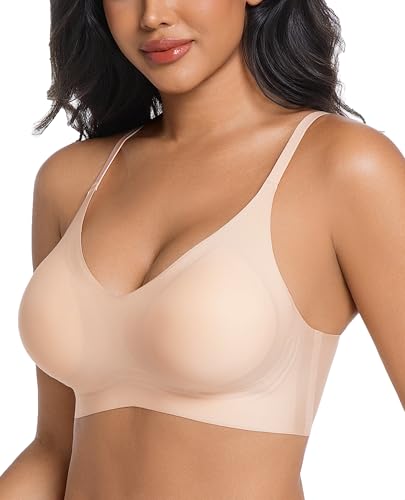 Image of PRETTYWELL Comfortable Bras, Seamless Wire Free Everyday Bras for A to D Cups, V Neck Soft and Light Basic Bras for Women