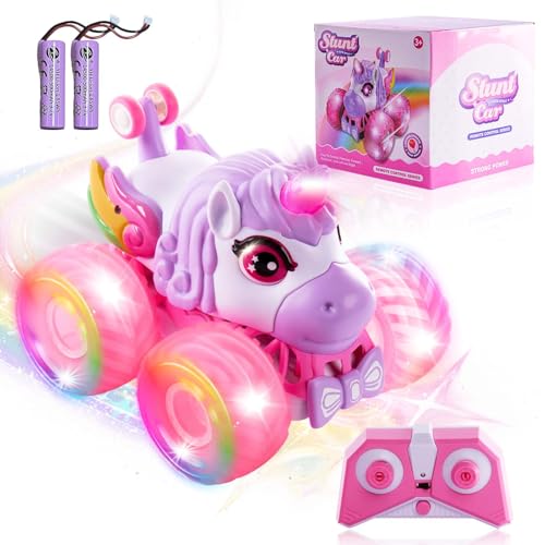 Remote Control Car for Girls, Pink Unicorn Toys SUV 4WD Stunt Car with Music & LED Lights, Off-Road Tires, 2.4GHz RC Toys All-Terrain RC Vehicle for Kids Girl Birthday Gifts Age 3 4 5 6 7 8 9 (LY-023)