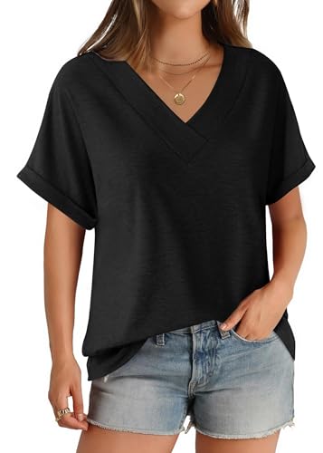 GKBK Womens Short Sleeve T Shirts V Neck Loose Fit Shirts Summer Casual Basic Tee Tops Black L