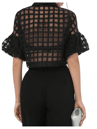 Floerns Women's Button Down Sheer Mesh Short Sleeve Collared Neck Crop Blouse Shirts2
