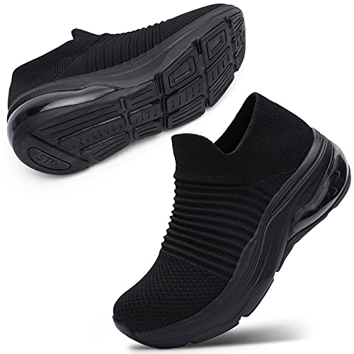 STQ Women's Fashion Sneakers - Lightweight Air Sports Tennis Shoes for Walking Jogging Running Gym All Black 8