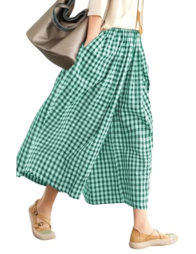 Image of LOMON Womens Wide Leg Capri Pants Gingham Plaid Culottes Summer Elastic Waist Palazzo Trousers Bottoms with Pockets