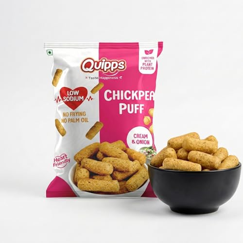 Image of Quipps Chickpea Puff - Cream & Onion (60g) | Plant Protein Healthy Snack | Low Sodium, Gluten Free, No Palm Oil | Non-Fried Crunchy Diet Snack | Heart Friendly Crunchy Puffs | Light & Crunchy Healthy Munchies for Office Snacks