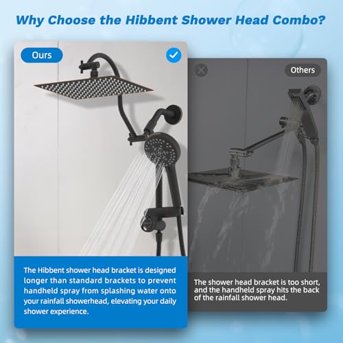 Image of Hibbent High Pressue All Metal 12 inch Rainfall Shower Head, Handheld 10-Spray | cUPC Certified Oil-Rubbed Bronze Dual Showerhead Combo, 4-way Diverter with Pause Mode, Extension Arm, 71'' Hose & Holder