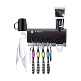PURETTA Toothbrush sanitizer Toothbrush sterilizer and Holder with LED UV Light Sterilization Function,Rechargeable Solar Power,Wireless Design,Wall Mounted Automatic Toothpaste Dispenser（Black）