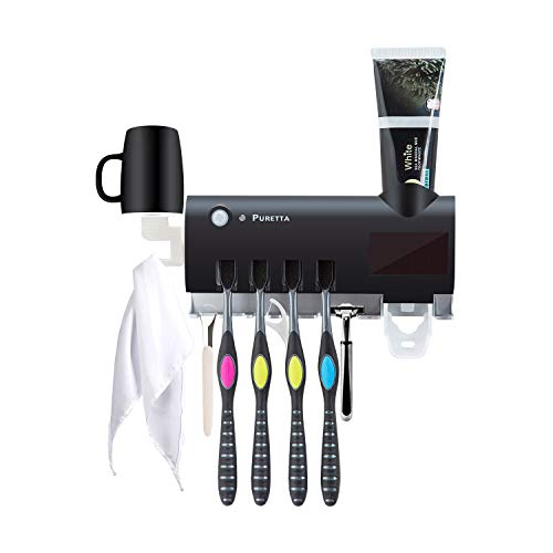 PURETTA Toothbrush sterilizer and Toothbrush Holder with LED UV Light Sterilization Function,Rechargeable Solar Power,Wireless Design,Wall Mounted Automatic Toothpaste Dispenser（Black）