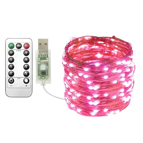 Clearhill Guirnalda de luces USB, 1 paquete, 33 pies/10 m, color rosa, 100 luces LED USB Cooper con control remoto, 8 modos, sincronización y regulable para decoración de Navidad, dormitorio, interior