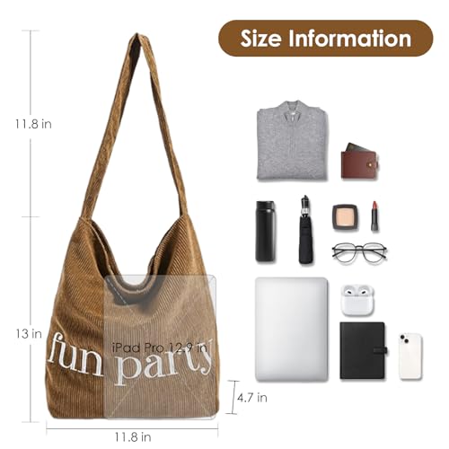 Image of Women Corduroy Tote Bag Hobo Casual Tote's Handbag Big Capacity Shoulder Bag with Pockets for Work
