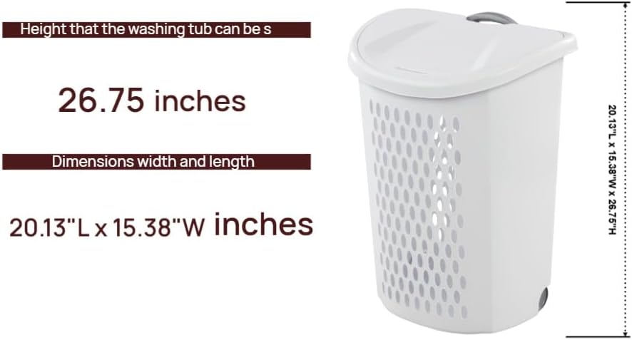Wheeled Laundry Hamper with Handle for Easy Transport, White Plastic Clothes Hamper Basket with Lid