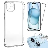 Kit Capinha Capa Compatível com iPhone 13 14 15 16 16e + Película 3D Vidro Temperado + Película de Câmera (iPhone 15)