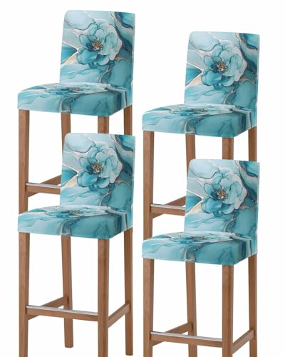 Wowouhiya Teal Floral Marble Bar Stool Covers - Stretch Dining Chair Covers Set of 4, Modern Abstract Ink Painted Art Bar Chair Cover Removable Counter Stool Pub Chairs Slipcovers Protectors