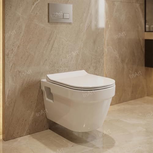 Image of InArt Rimless Wall Hung Western Toilet - Ceramic Commode Toilet with Quick Release Soft Close Toilet Seat, 51x35x34 cm (White) - 10 Years Warranty