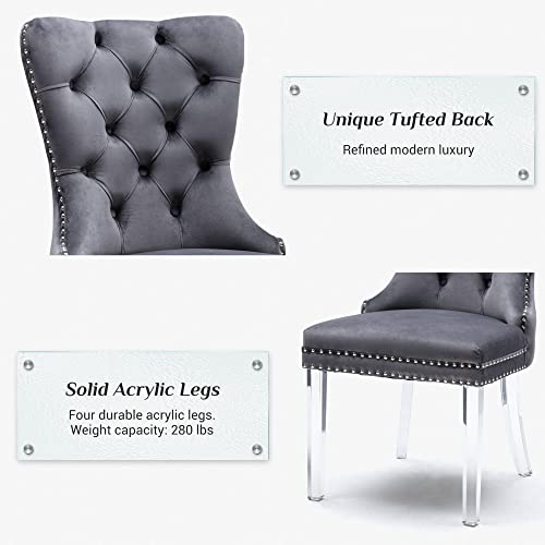 Kccvelvet Dining Chairs Set Of 6, Upholstered High-End Tufted Dining Room Chair With Nailhead Back Ring Pull Trim Solid Acrylic Legs, Contemporary Nikki Collection Modern Style For Kitchen, Grey #TOP3