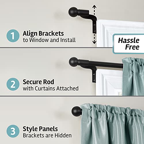 Maytex Easy Install Café Window Curtain Rod, No Measuring Needed, 18" - 48", With Decorative Round Finials, Black #TOP2