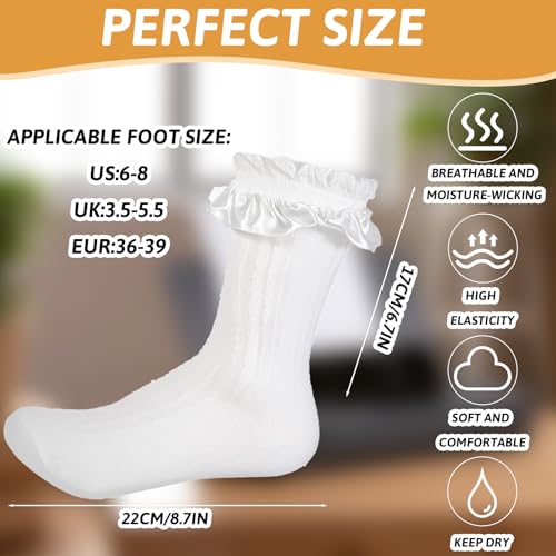 4 Pairs Women Ruffle Socks, White and black Lace Ankle Socks Ruffle Frilly Dress Sock Ruffles Frilly Comfortable Cotton Lace Ruffled Bootie Sock for Girl (Size 36-39）2