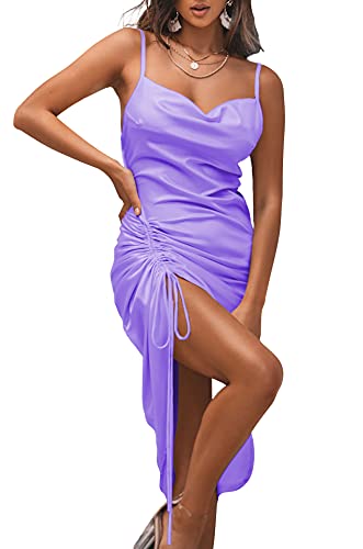 Image of LYANER Women's Satin Spaghetti Straps Cowl Neck Sexy Ruch Cocktail Midi Dresses