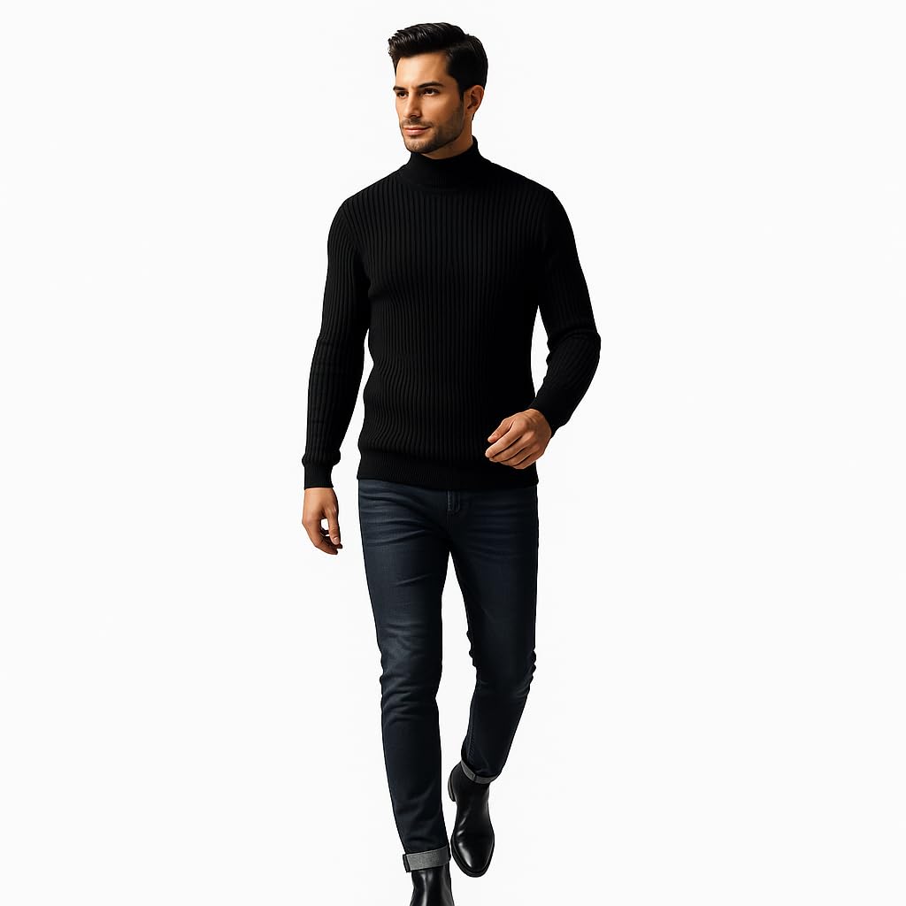 Men's Classic Ribbed Turtleneck Sweater, Black, Long Sleeve Knit Pullover, Slim Fit Winter Casual Wear