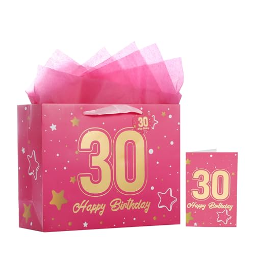 Powbrace 13" Pink 30th Birthday Gift Bag with Tissue Paper and Greeting Card for Party,Happy Birthday Gift Bag for Men Women,Gift Bags Medium size(1 Pink 30th)