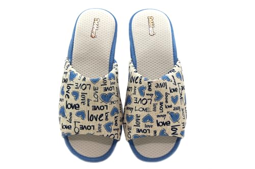 DeValverde - Zapatilla de Casa Destalonada para Mujer, Cuña, Suela de Goma, Dedos Fuera, Antideslizante, Slipper, Corazones, Color Aguamar, Talla 38