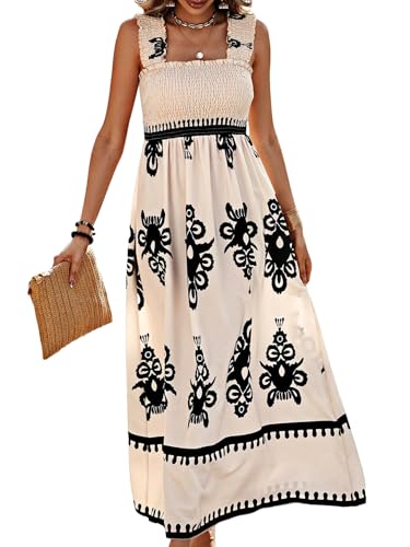 Women's Smocked Sleeveless Flowy Tribal Print Boho Vacation Summer Maxi Sundress