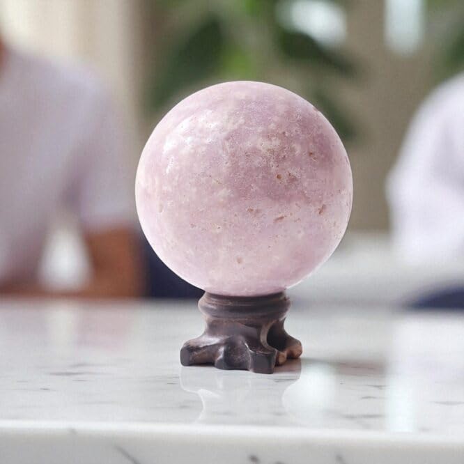 Image of Natural Pink Amethyst Crystal Ball 150-200 Gm with Wooden Stand | Polished Healing Crystal Sphere for Reiki, Meditation, Feng Shui, Vastu Decor & Crystal Collection