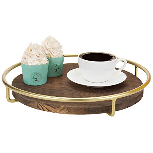 Mygift 12-Inch Burnt Wood Decorative Tray With Vintage Brass Metal Wire Frame, Round Display Coffee Table Serving Tray #TOP6