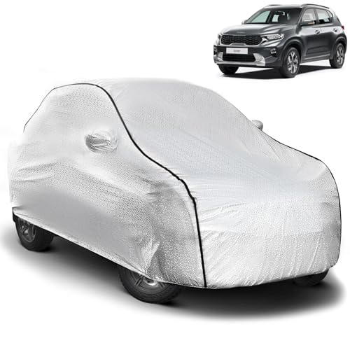 Image of Pivalo Car Cover for Kia Sonet All Model & Years (2020-2024) 100% Waterproof with Mirror Pockets, Triple Stitched Bottom Elastic Dustproof Full Body Protection (Heat & UV Resistant, Silver)