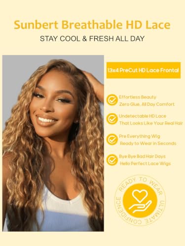 Image of Sunber 13x4 Bye Bye Slip Lace Frontal Human Hair Wig with Honey Blonde 18 inch | Highlights Water Wave Glueless Drawstring Wig Pre Everthing Pre Cut HD Lace Front Wigs Pre Plucked Knots 150% Density