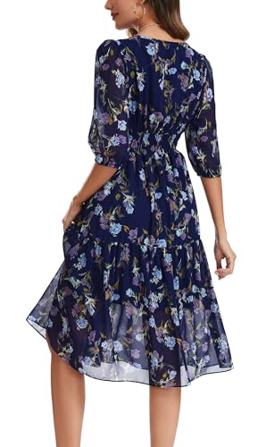 Image of Kormei Women Casual Boho Floral Round Neck 3 /4 Sleeve Smocked Waist Tiered A Line Flowy Swing Midi Dress Long Dresses