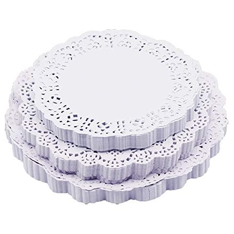 DXIA 300 Pieces White Round Lace Paper Doilies,Cake Packaging Paper Pad, Doilies Hollowed Doilies, Assorted Sizes 4.5 Inch, 6.5 Inch, 8.5 Inch,for Wedding Party Birthday Decoration Cover