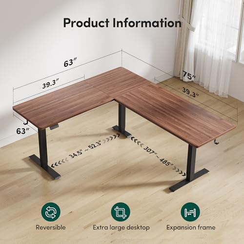 Image of BANTI L-Shaped Standing Desk - 75 x 63 Inch Adjustable Corner Standing Desk with Charging Station - L Shape Sit Stand Table with Memory Controller, Splice Board for Home Office, Black Walnut