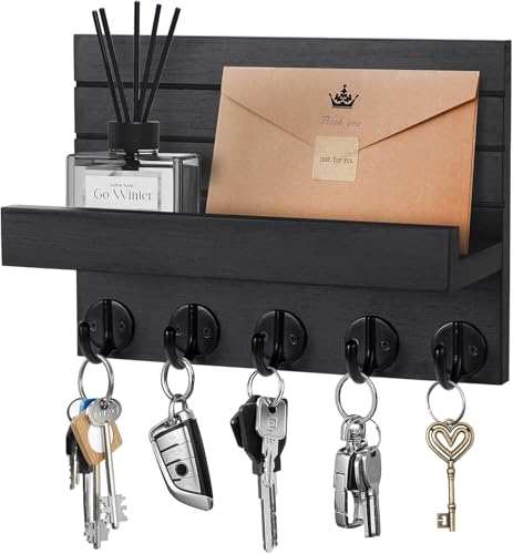 Kldgris Schlüsselbrett mit Ablage, Dekoratives Holz Wandregal, Schlüsselbrett Holz Schwarz, mit 5...