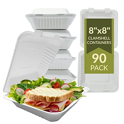 Reli. Compostable Clamshell To-Go Containers (90 Pack), 8X8 Inch | 1 Compartment | Disposable Take Out Food Containers/To Go Boxes | Biodegradable To Go Containers | Bagasse Clam Shell | White 8X8 #TOP21
