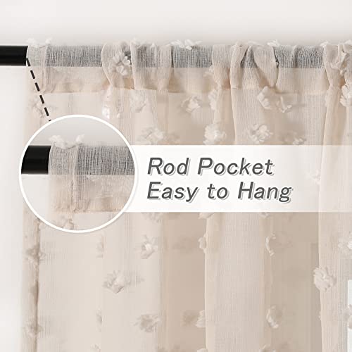 Mysky Home Pom Pom Wood Beige Sheer Curtains For Bedroom Light Filtering Semi-Sheer Curtains For Nursery Girls Kids Room Rod Pocket Boho Voile Draperies Wood Beige 52 X 63 Inch 2 Panels #TOP1