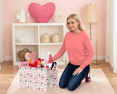 Image of Large Valentine's Day Basket Heart Shaped Storage Bin for Gifts Collapsible Organizer Room Decor (Black Red Empty Lines Love)