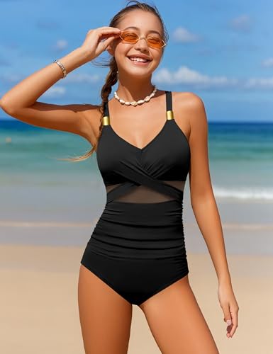 Girls Swimsuit Criss Cross One Piece Swimsuits Wrap Tie Back Sheer Mesh Bathing Suit with Gold Metal Swimwear 9-16Y2