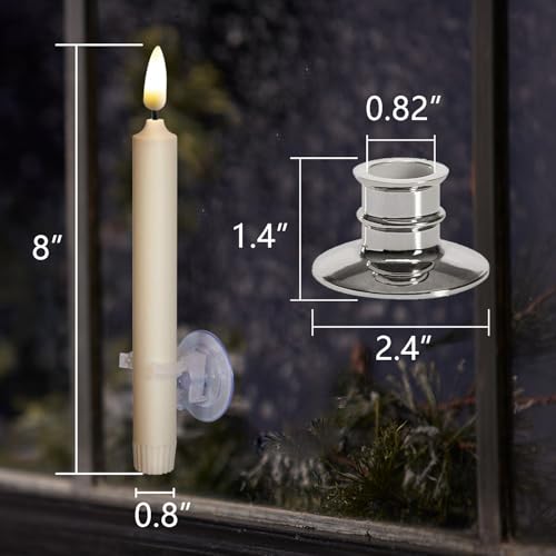 Image of 6PACK Flameless Battery Powered 8'' Ivory Taper Windows Candles, Include 12 AA Batteries, with Remote and Timer, with Suction Cup and Removable Silver Candleholders, Remote Included, Patented